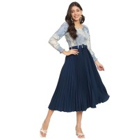 KZULLY | Women A-line Dress with Pleats, has an Square Neck, Printed Top Comes with a Belt